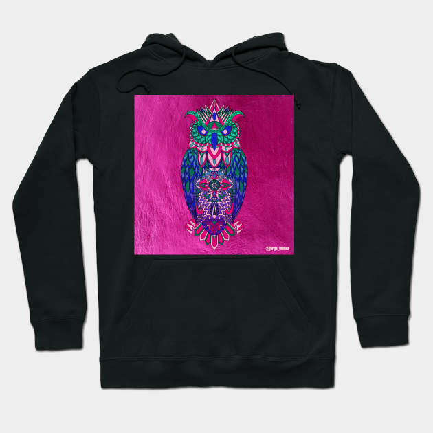 owl in pink kitsch magical zentangle art in totonac patterns of love and flowers Hoodie by jorge_lebeau